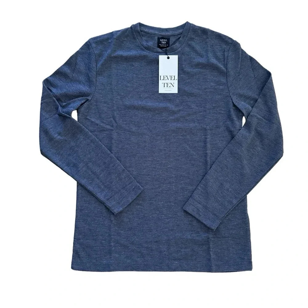 Level Ten Navy Blue Heather Knit Long Sleeve Shirt Crew Neck Top Tee S NWT
